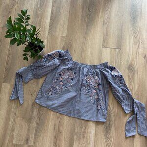 American Eagle Off-the-Shoulder Blue & White Striped Floral Blouse